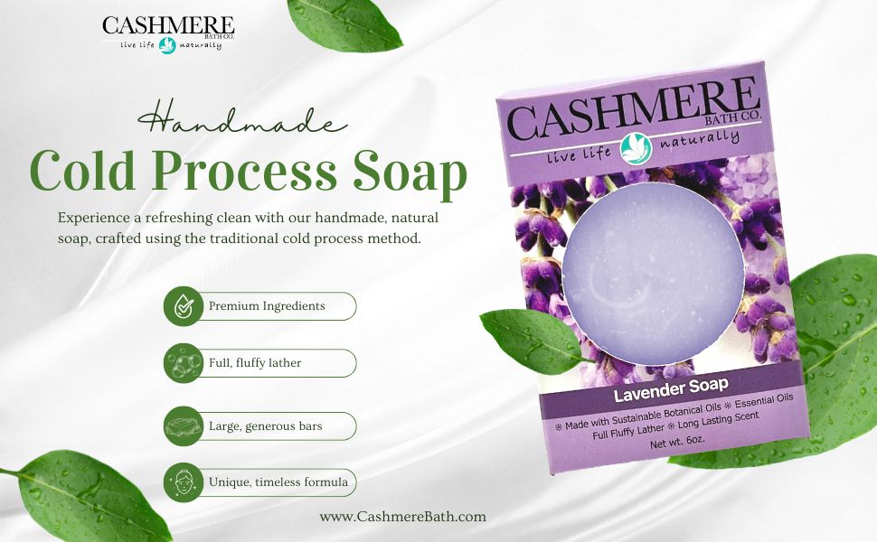 Cashmere Lavender Soap packaging with product details on a white background