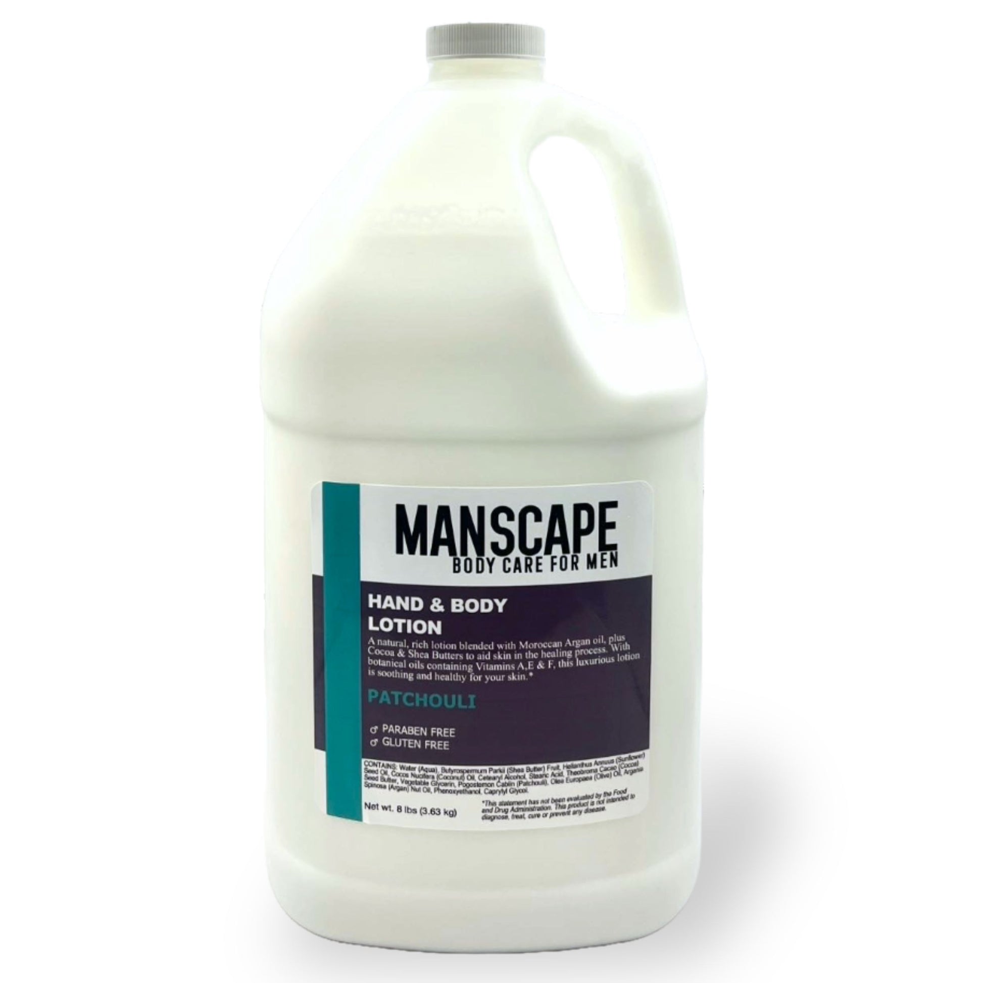 Manscape patchouli hand and body lotion bottle on a white background