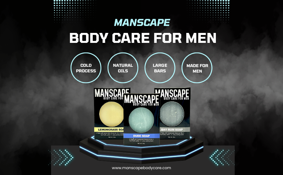 Manscape body care products displayed on a dark background with branding elements.