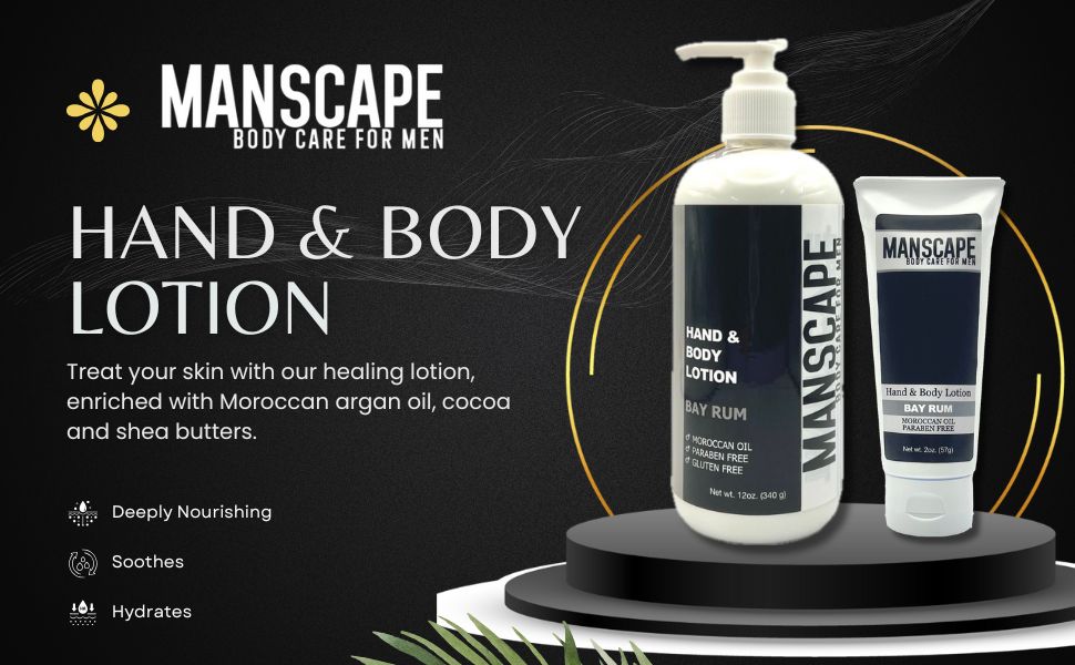 Manscape hand and body lotion bottles on a black background with branding and product details.
