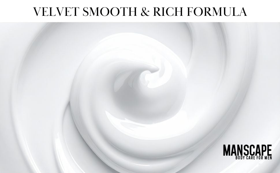 Manscape body care product with white liquid texture and brand name on a light gray background