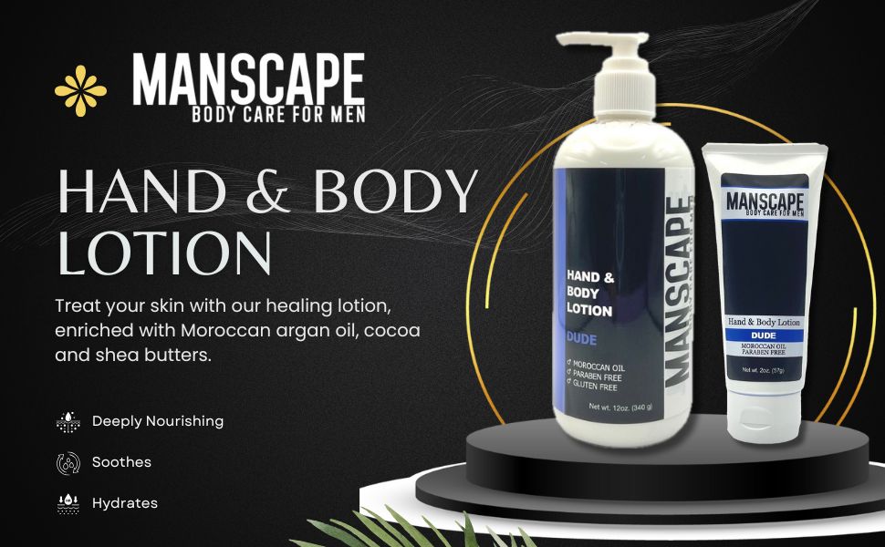 Manscape hand and body lotion bottles on a black background with branding and product details.