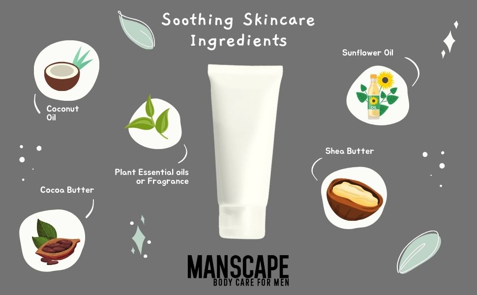 Illustration of a skincare product with icons of soothing ingredients and 'Manscape' branding.