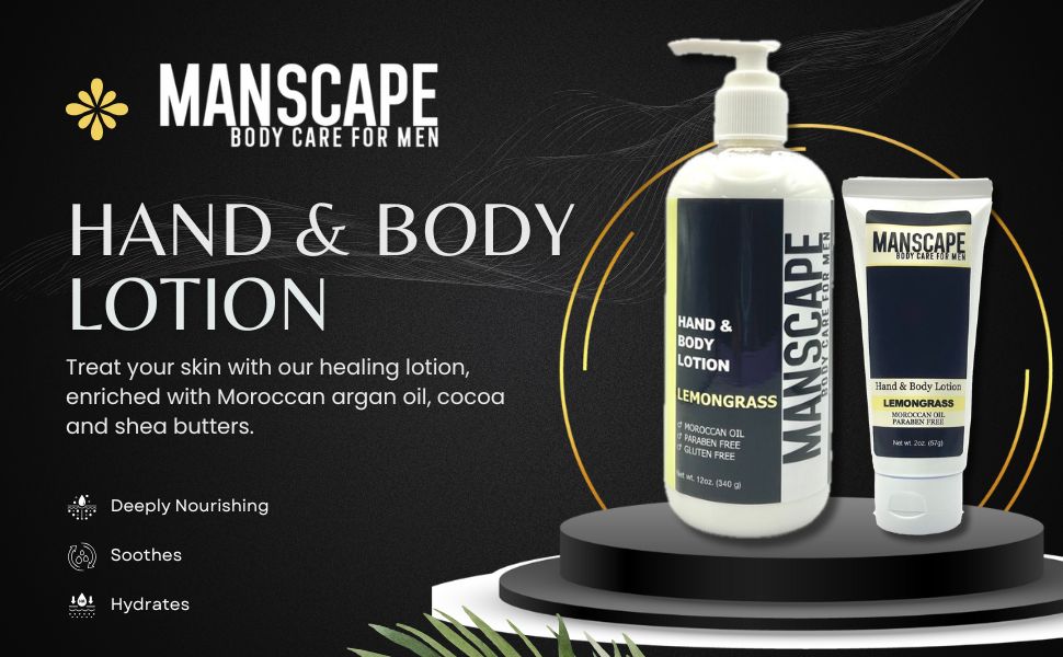Manscape hand and body lotion with packaging on a black background