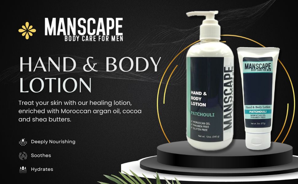 Manscape hand and body lotion with packaging on a black background