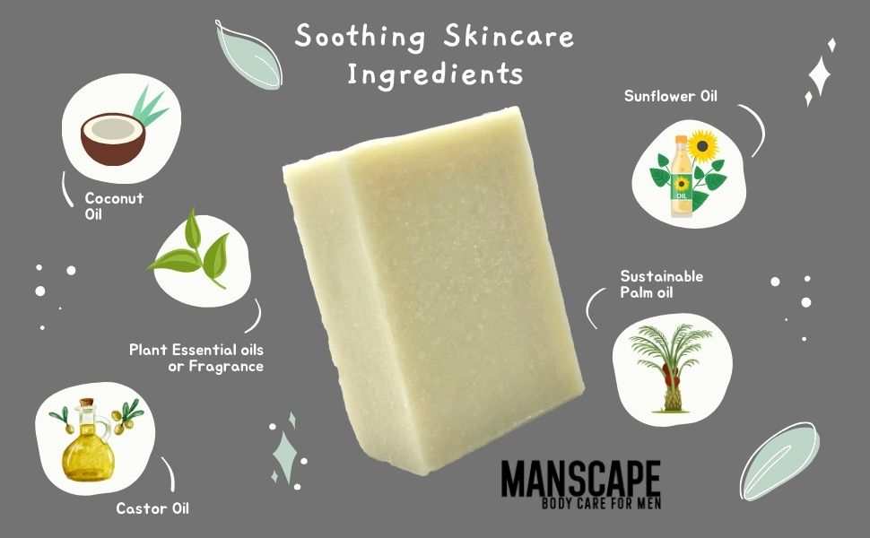 Bar of soap with soothing skincare ingredients on a gray background, featuring coconut oil, sunflower oil, plant essential oils, sustainable palm oil, and castor oil. Brand 'Manscape' is visible.