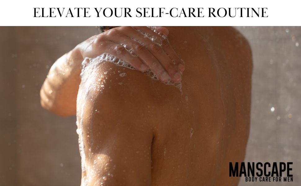 Person showering with soap suds on a neutral background