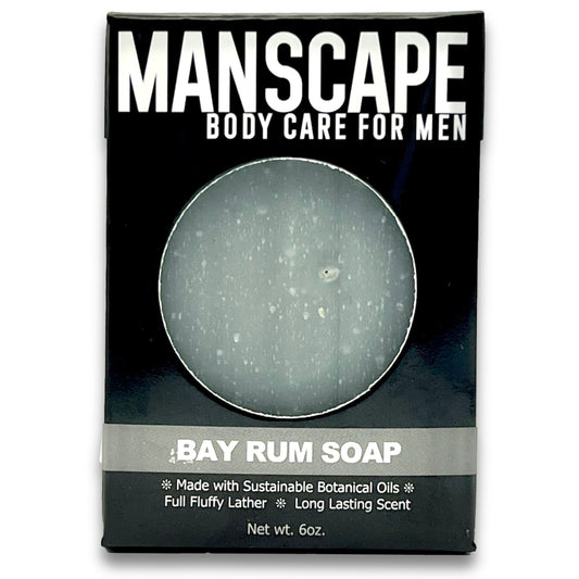 Manscape Bay Rum Soap packaging on a white background