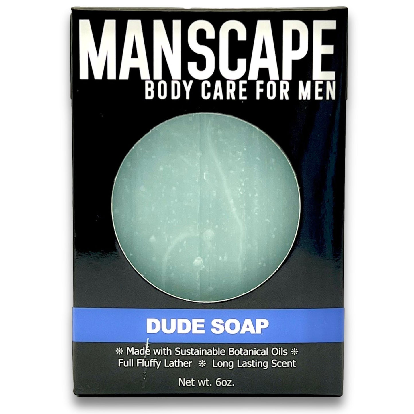 Manscape Dude Soap packaging with a green soap bar on a black background