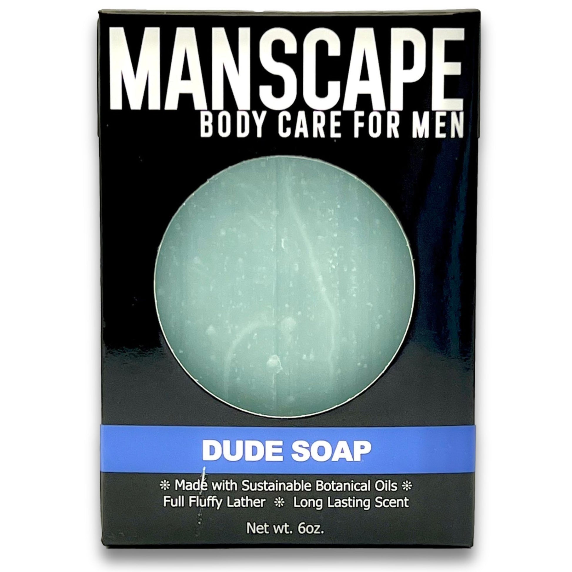 Manscape Dude Soap packaging with a green soap bar on a black background