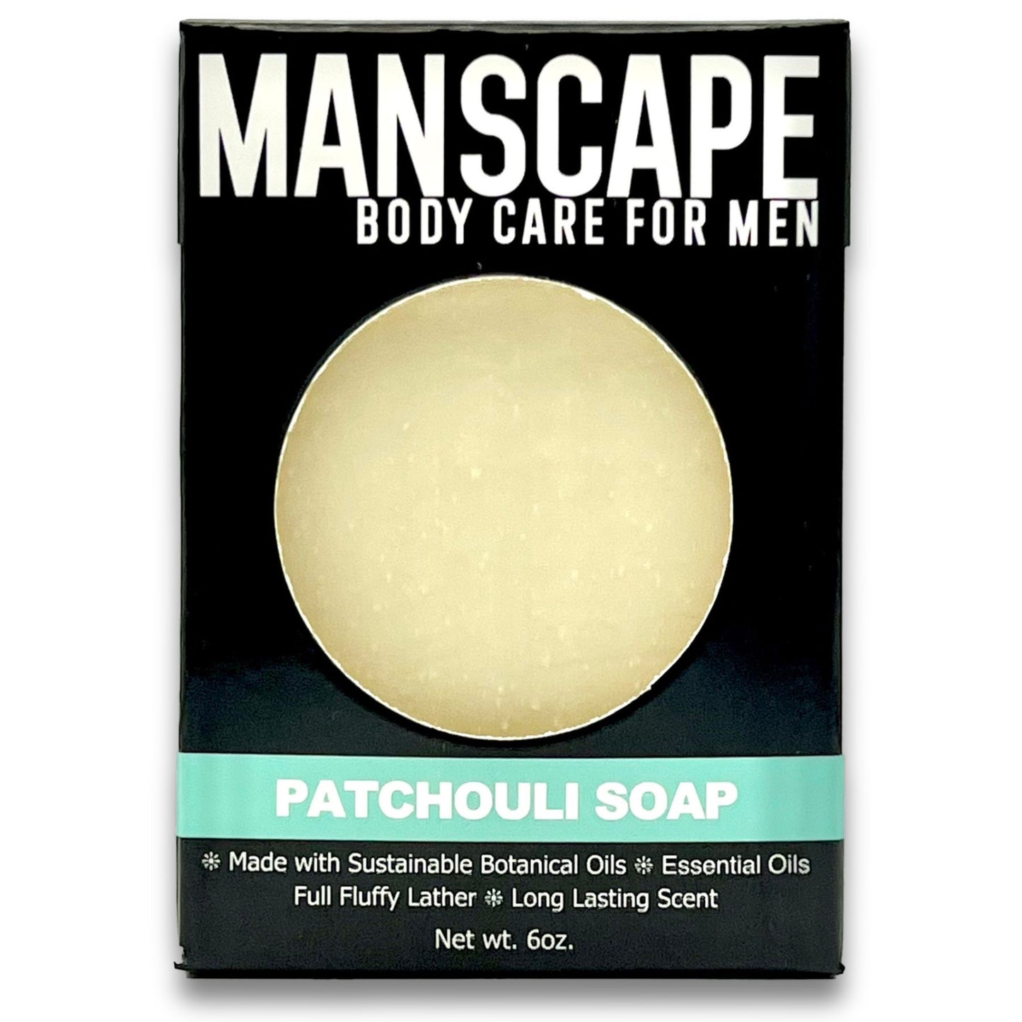 Manscape Patchouli soap packaging on a white background