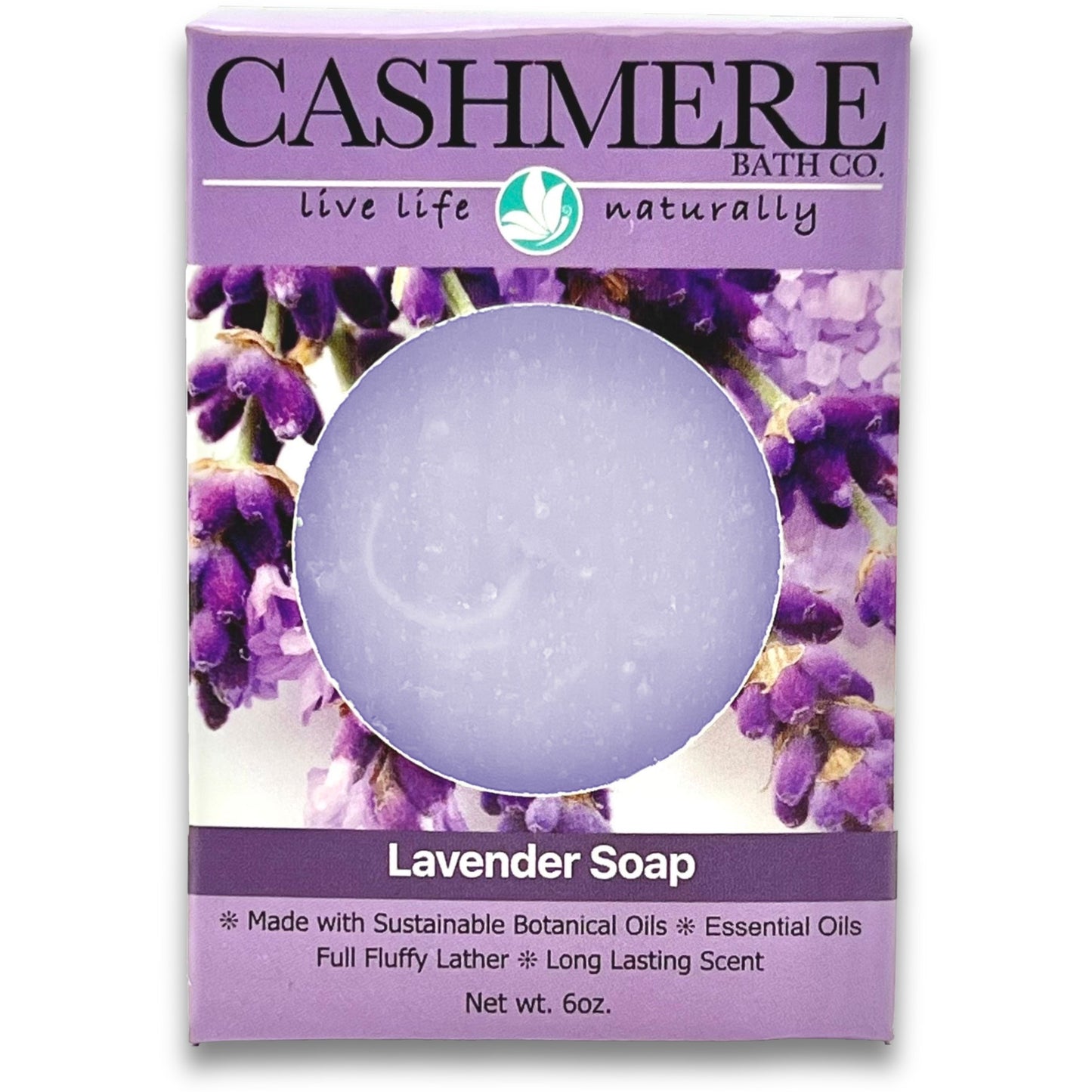 Cashmere Bath Co. lavender soap packaging with purple background and soap bar image.