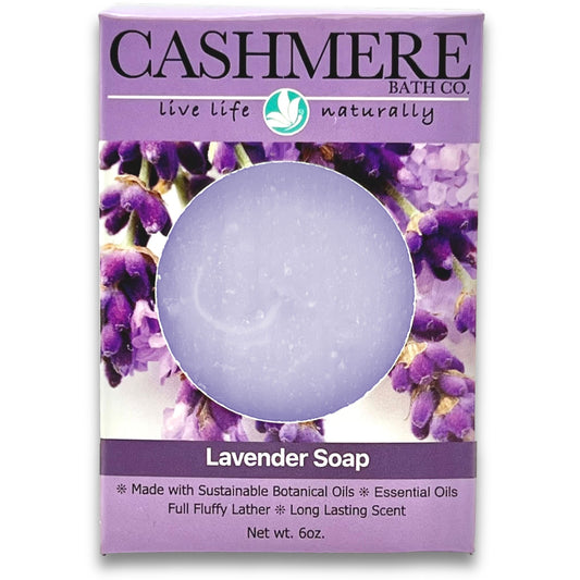 Cashmere Bath Co. lavender soap packaging with purple background and soap bar image.