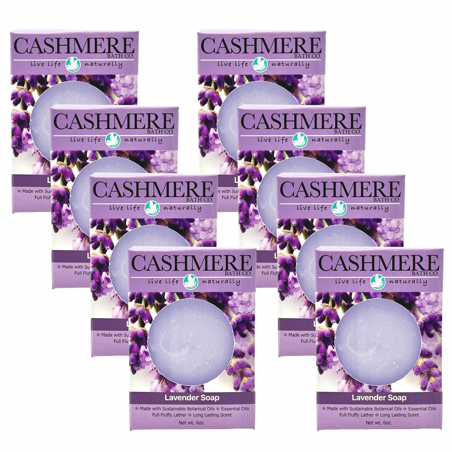 Multiple packages of Cashmere Bath Co lavender soap on a white background